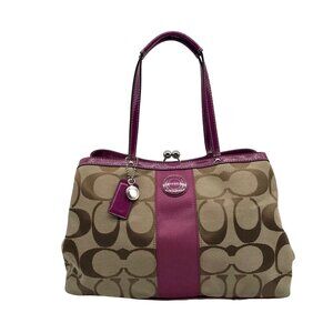 Coach Fuschia & Brown Signature Stripe Framed Carryall F19190